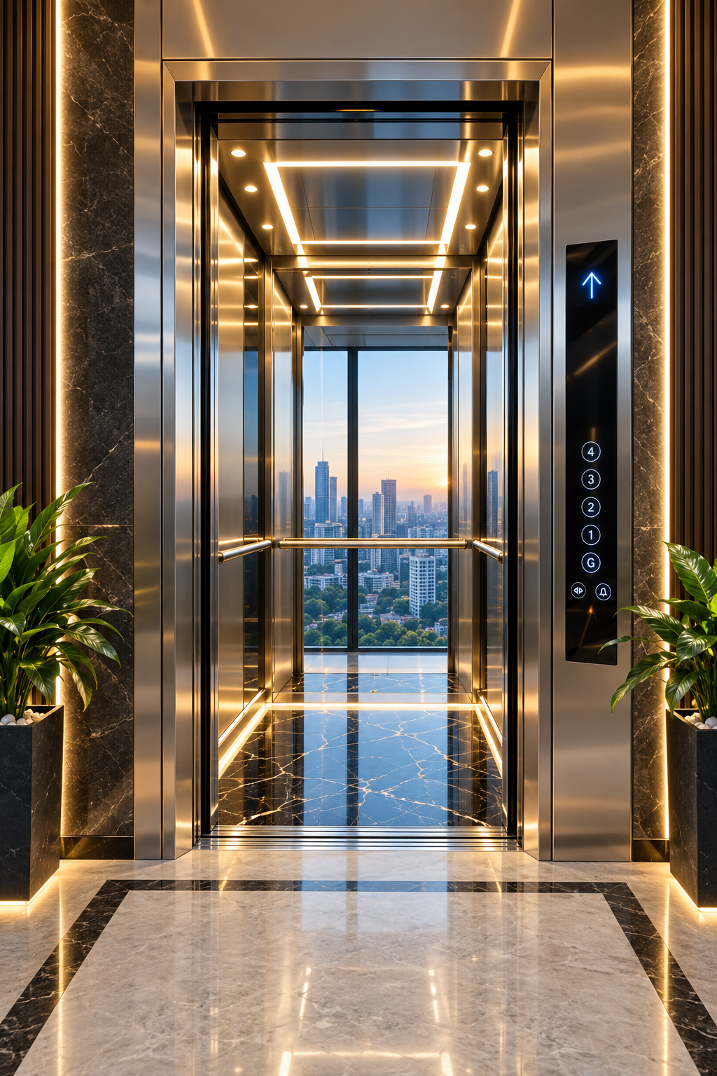 Passenger elevator cabin with brass trim and skyline view through glass doors