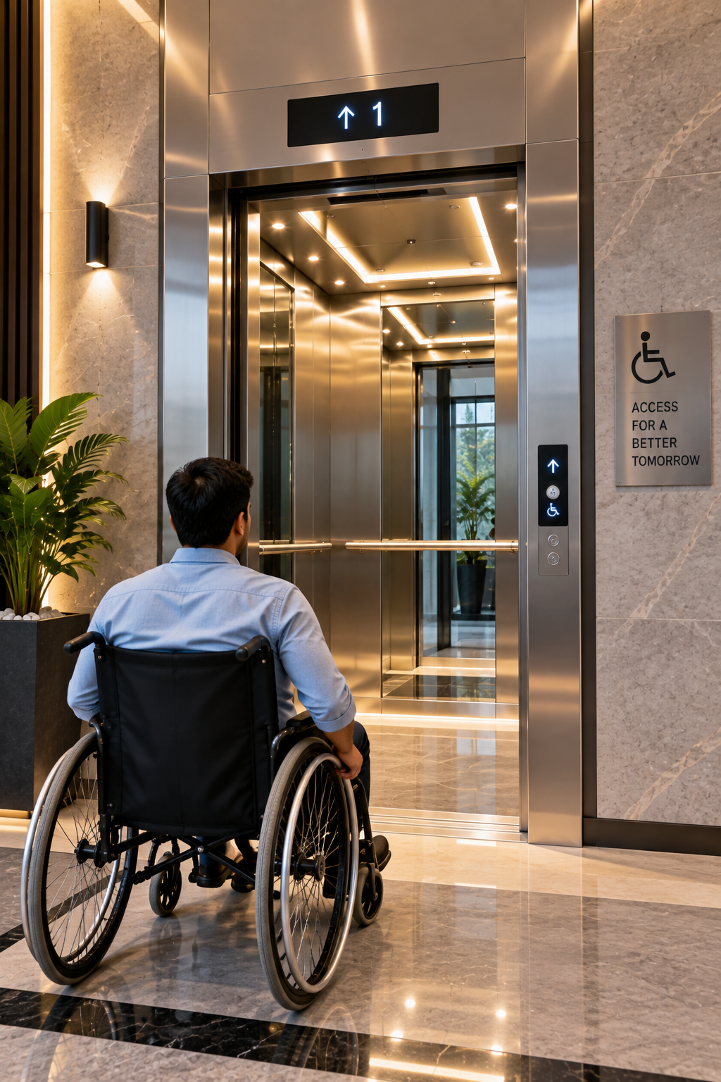 Wheelchair user facing an open accessible elevator with dedicated signage
