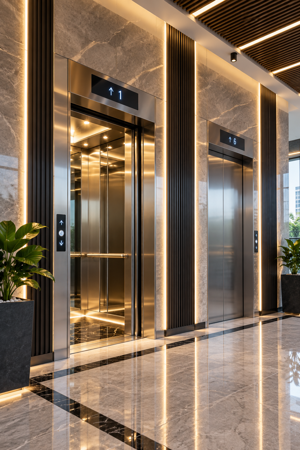 Brass finish elevator cabin interior with layered ceiling lighting and glass rear wall