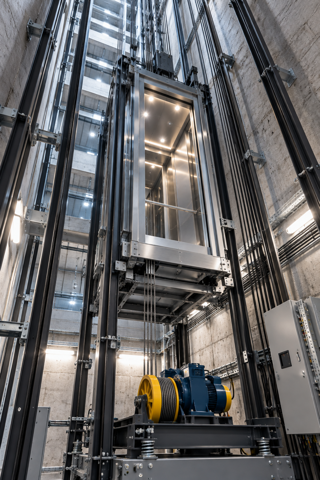 Elevator shaft viewed from below with gearless machine and steel guide rails