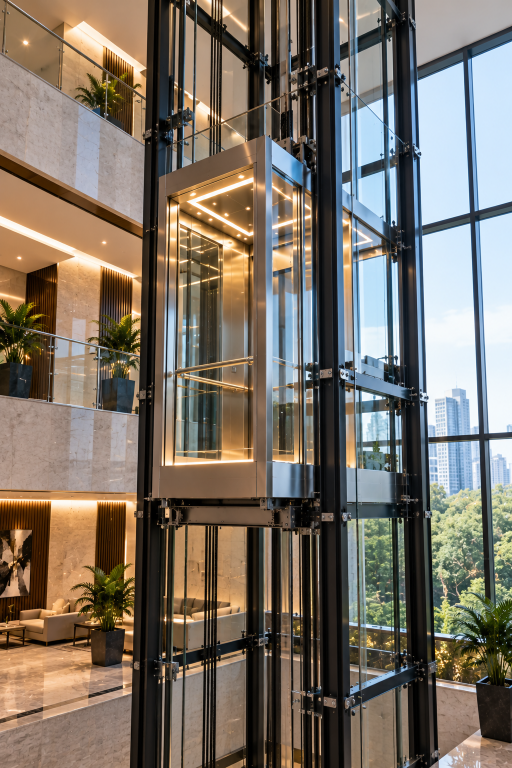 Full-glass panoramic elevator shaft inside an atrium with skyline and greenery outside
