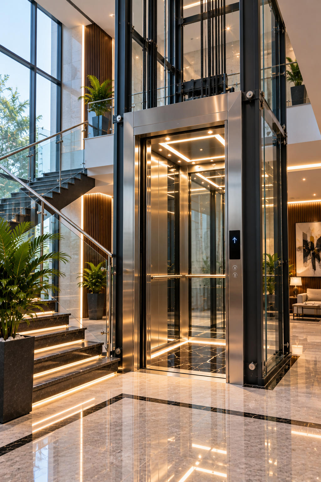 Home elevator with glass shaft beside a staircase in a marble-floored lobby