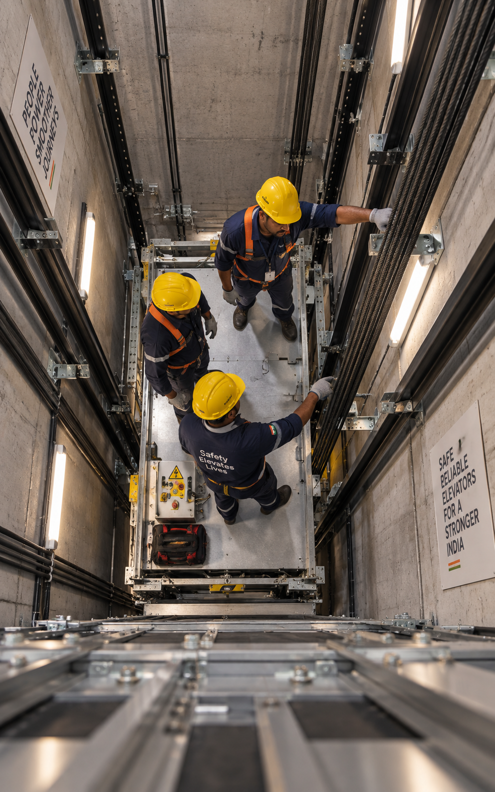 Gearless elevator machine and electrical control panel viewed inside the shaft