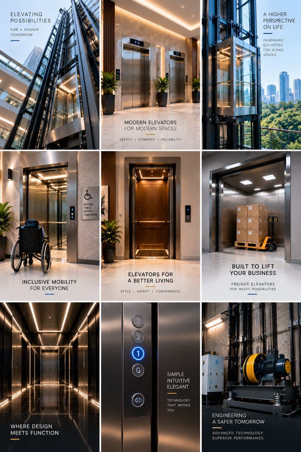Collage of elevator highlights covering cabins, accessibility, lobbies and machine rooms