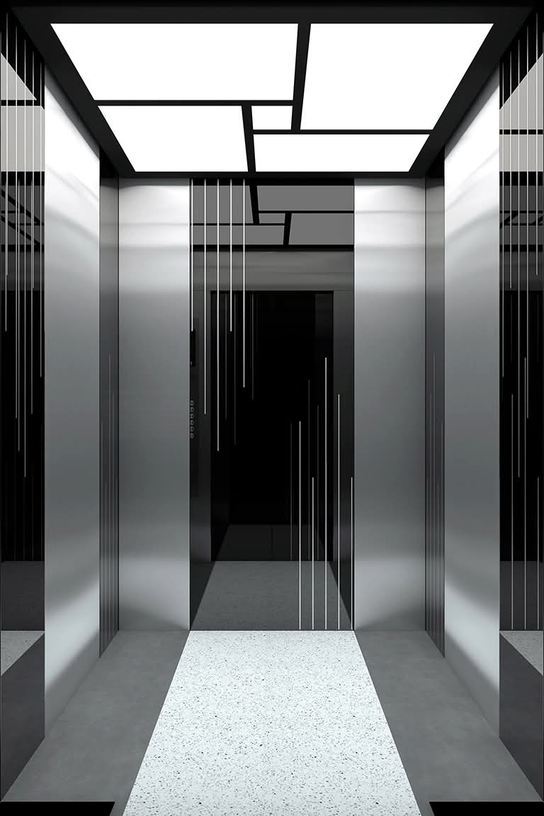 Modern elevator cabin with black and steel panels