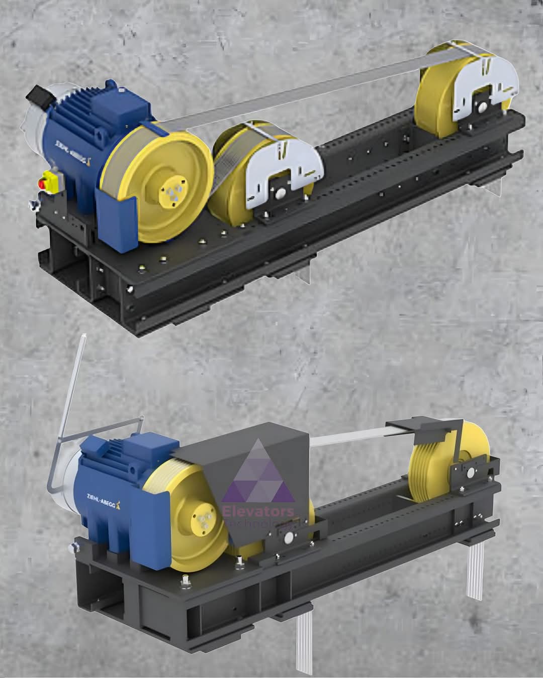 Gearless traction machine on its support frame