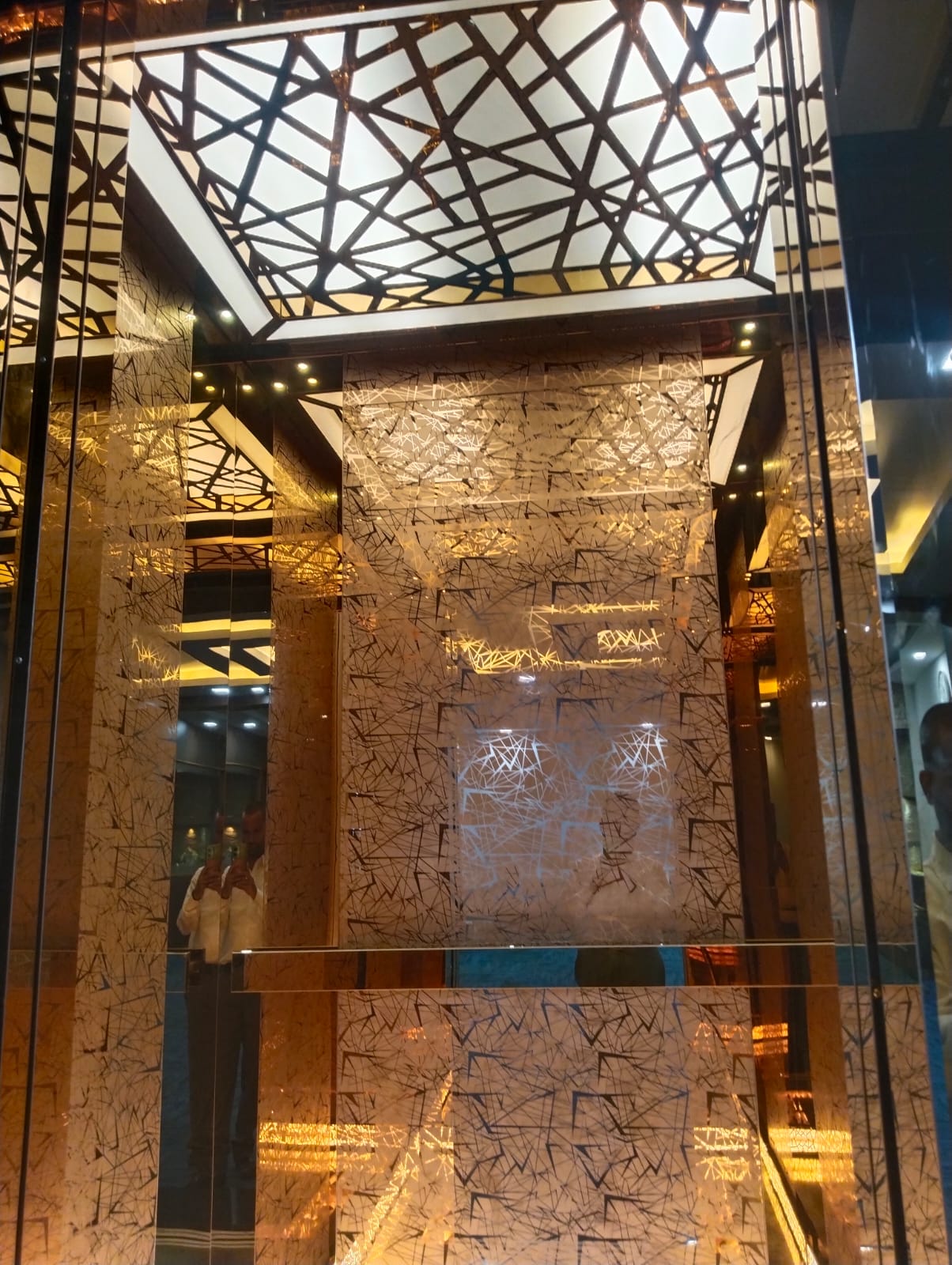 Gold finish elevator cabin with etched pattern panels