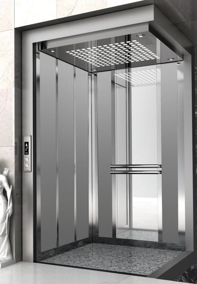Stainless steel elevator cabin with mirror finish panels